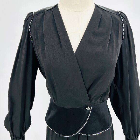 Vintage 80s Richard Warren Petites Black Rhinestone Peplum Top Wrap Skirt - Picture 2 of 10